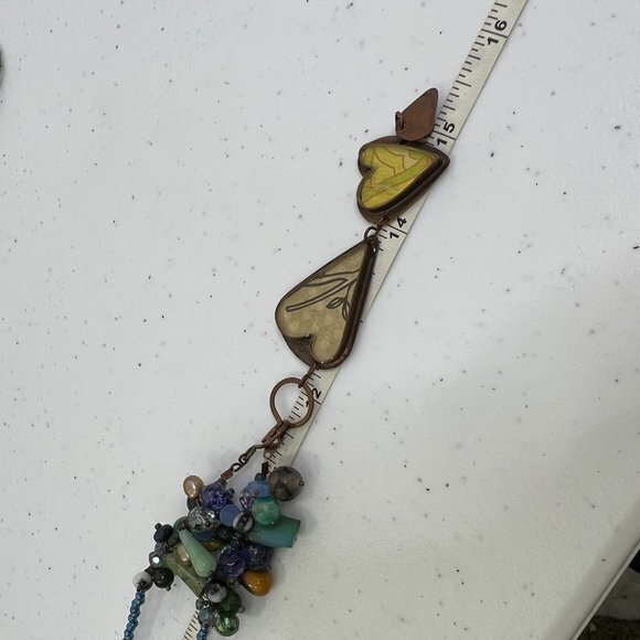 Beaded Necklace Heart Blue Chain Yellow Copper Tone Cluster Drop Dangle - Picture 9 of 9